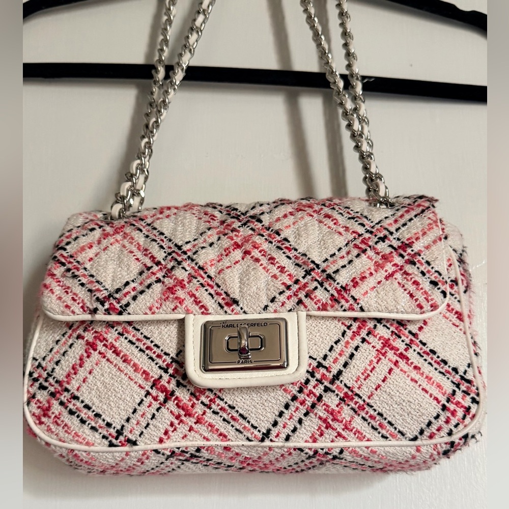 Karl Lagerfeld Pink & Black Plaid Tweed Chain Shoulder Bag - Picture 2 of 3